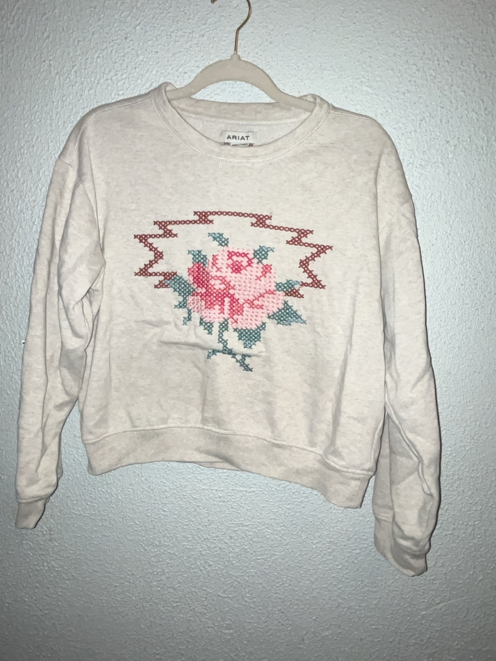 Ariat Cream Crewneck Sweater with Pink Rose Cross-Stitch